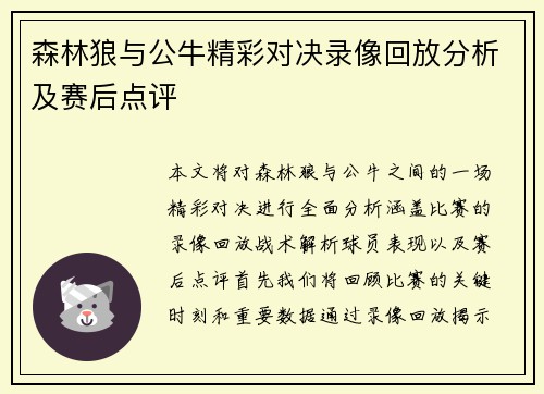 森林狼与公牛精彩对决录像回放分析及赛后点评