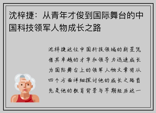 沈梓捷：从青年才俊到国际舞台的中国科技领军人物成长之路