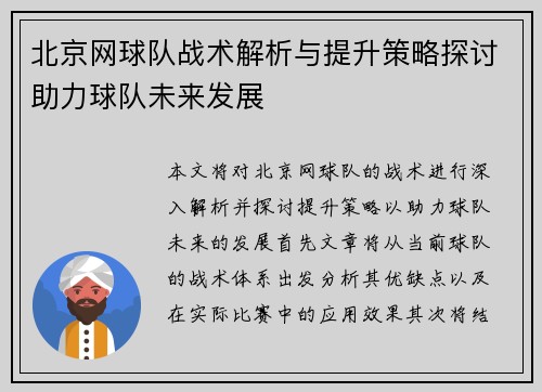 北京网球队战术解析与提升策略探讨助力球队未来发展