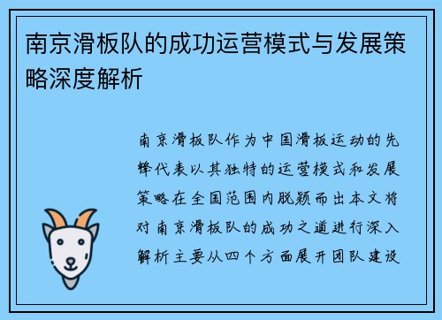 南京滑板队的成功运营模式与发展策略深度解析