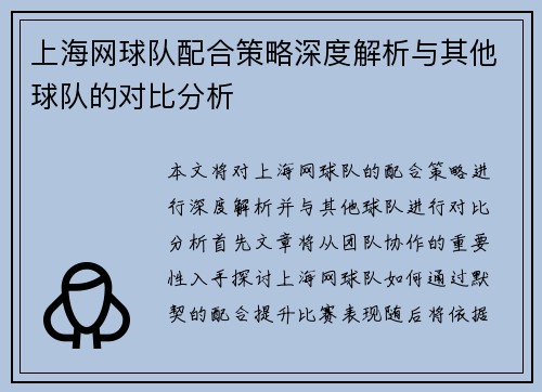 上海网球队配合策略深度解析与其他球队的对比分析