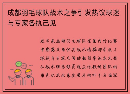 成都羽毛球队战术之争引发热议球迷与专家各执己见