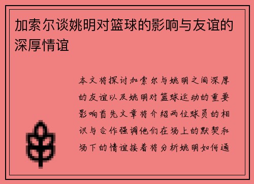 加索尔谈姚明对篮球的影响与友谊的深厚情谊