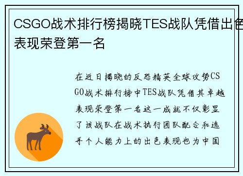 CSGO战术排行榜揭晓TES战队凭借出色表现荣登第一名