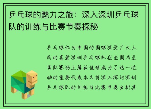 乒乓球的魅力之旅：深入深圳乒乓球队的训练与比赛节奏探秘