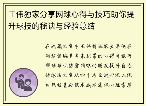 王伟独家分享网球心得与技巧助你提升球技的秘诀与经验总结