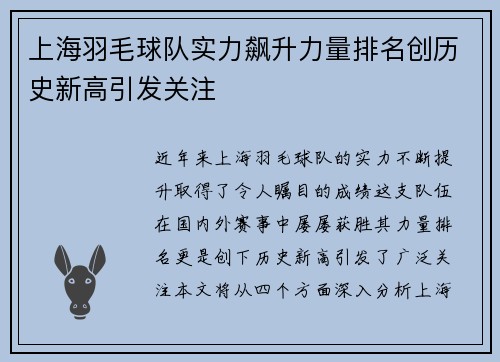 上海羽毛球队实力飙升力量排名创历史新高引发关注