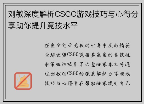 刘敏深度解析CSGO游戏技巧与心得分享助你提升竞技水平